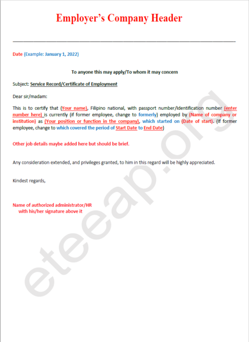 Sample coe eteeap